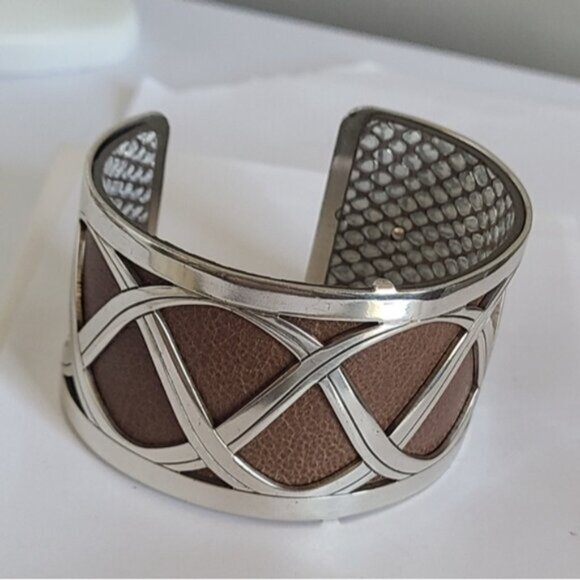 Vintage Brighton Boho Western Wide Chunky Leather Silver Tone Open Cuff Bracelet - Picture 4 of 15